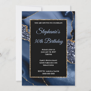 Invitación Cumpleaños 30 Navy Agate Gold Glitter Glam