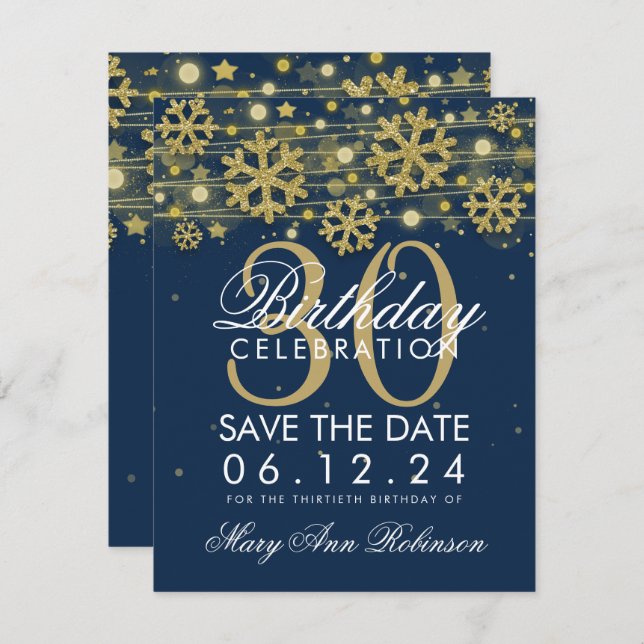 Invitación Cumpleaños 30 Navy Azul Ahorre Fecha Invierno (Anverso / Reverso)