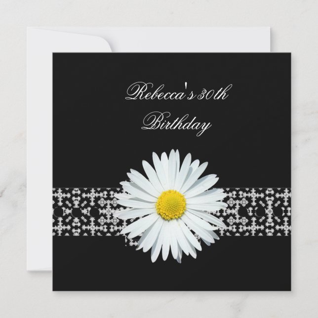 Invitación Cumpleaños 30 Negro Blanco Flor Amarillo (Anverso)