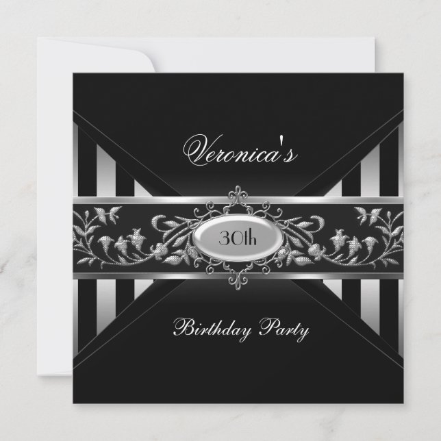 Invitación Cumpleaños 30 Negro Blanco Raya Floral Plateado (Anverso)