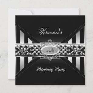 Invitación Cumpleaños 30 Negro Blanco Raya Plata