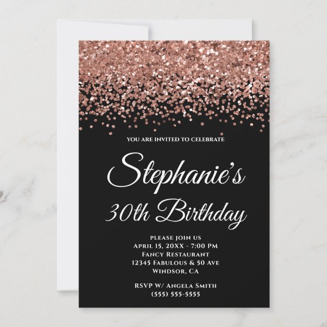Invitación Cumpleaños 30 Negro Borde de Brillo de Oro Rosa (Anverso)