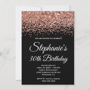 Invitación Cumpleaños 30 Negro Borde de Brillo de Oro Rosa