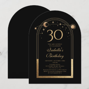 Invitación Cumpleaños 30 negro dorado Sol Luna Estrellas Cele