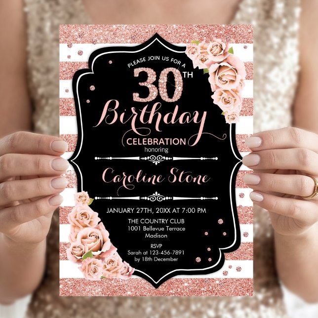 Invitación Cumpleaños 30 negro rosa oro y rayas blancas (Subido por el creador)
