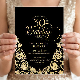 Invitación Cumpleaños 30 negro rosas de oro