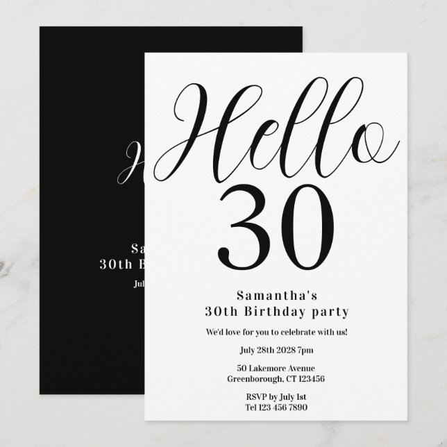 Invitación Cumpleaños 30 negro y blanco Cumpleaños minimalist (Anverso / Reverso)