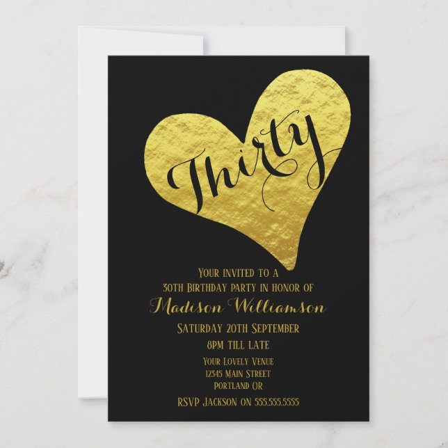 Invitación Cumpleaños 30 Negro y Corazón de Falso Oro (Anverso)