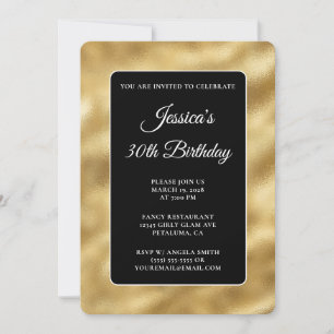 Invitación Cumpleaños 30 negro y dorado con lámina brillante