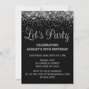 Invitación Cumpleaños 30 negro y plata con brillo 30