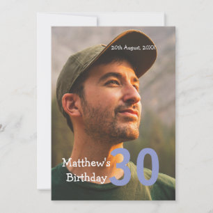 Invitación cumpleaños 30 nombre foto fecha hombre azul blanco