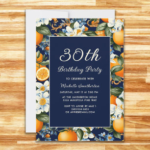Invitación Cumpleaños 30 Oranges Flores Blancas Azul Marino