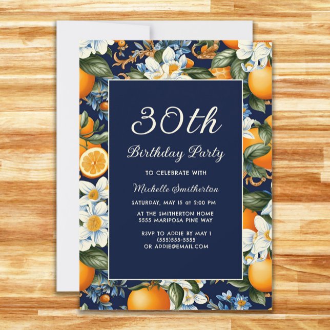 Invitación Cumpleaños 30 Oranges Flores Blancas Azul Marino (Subido por el creador)
