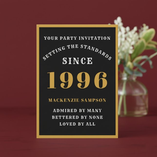 Invitación Cumpleaños 30 personalizado 1996 negro elegante or (1996 birthday invitation. Red background.)