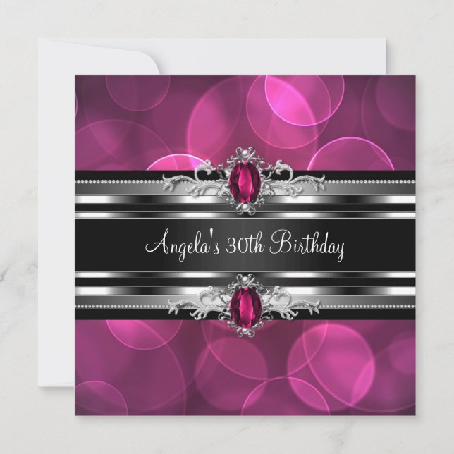 Invitación Cumpleaños 30 Pink Gem Burbujas Plata Negro (Anverso)
