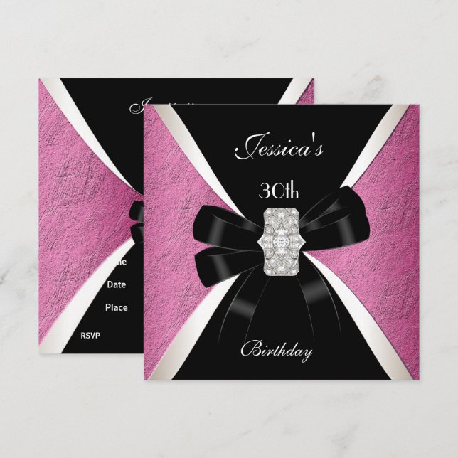 Invitación Cumpleaños 30 Pink Negro Blanco (Anverso / Reverso)
