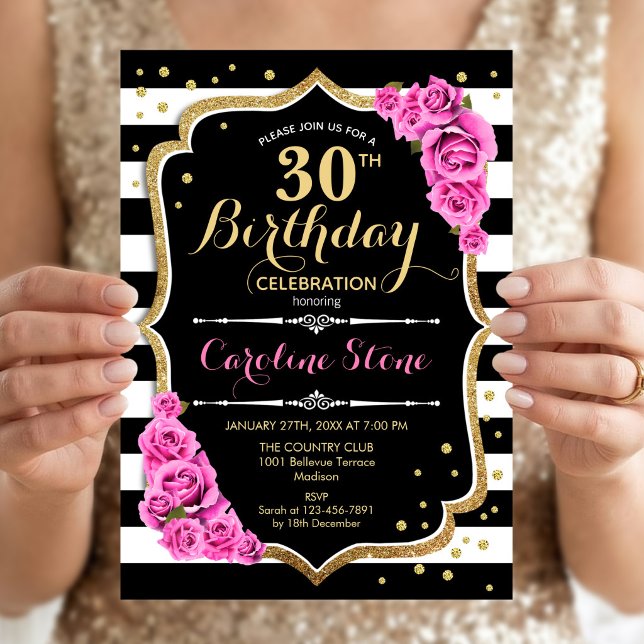 Invitación Cumpleaños 30 Pink Negro Blanco Rayas (Subido por el creador)