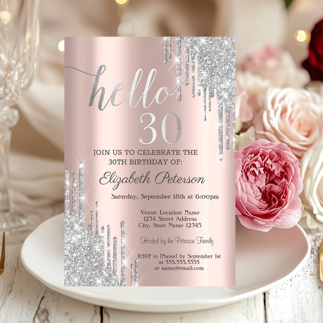 Invitación Cumpleaños 30 Plateado con Brillo que Cae en Rosa  (Subido por el creador)