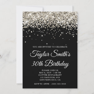 Invitación Cumpleaños 30 Platinum Glitter Black