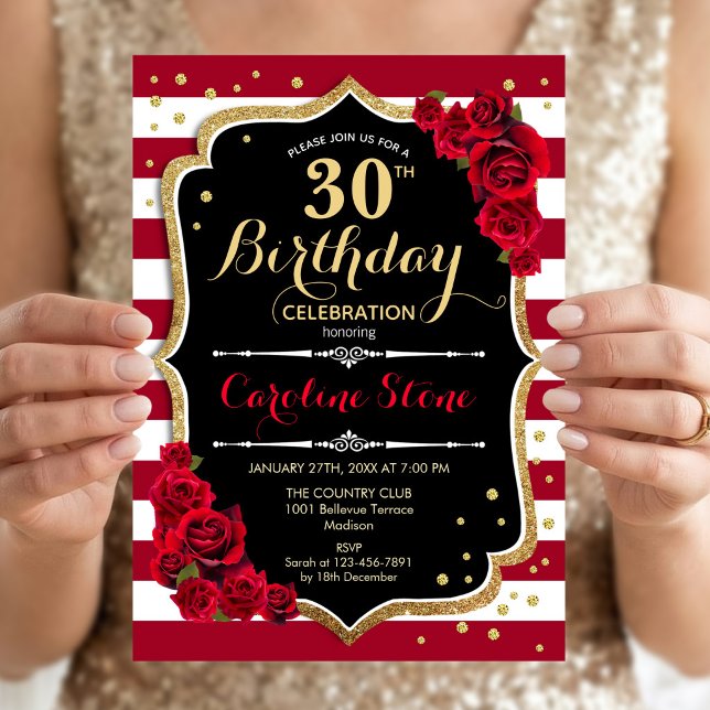 Invitación Cumpleaños 30 - Rayas rojas doradas negras blancas (Subido por el creador)