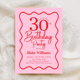 Invitación Cumpleaños 30 Retro Rosa Rojo con Borde Ondulado