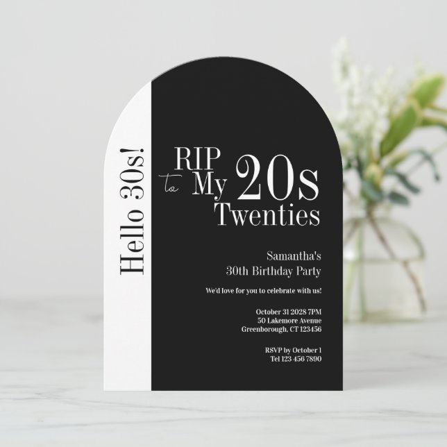 Invitación Cumpleaños 30 RIP 20s Hola 30s Fiesta Negro Blanco (Anverso de pie)
