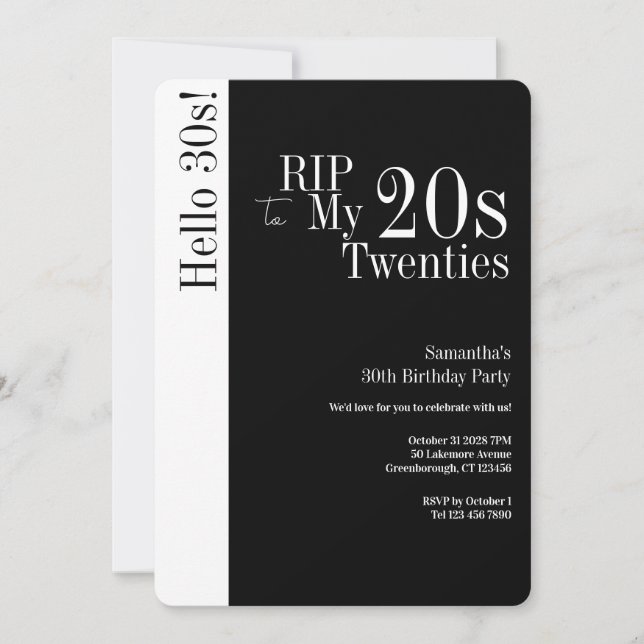 Invitación Cumpleaños 30 RIP 20s Hola 30s Fiesta Negro Blanco (Anverso)