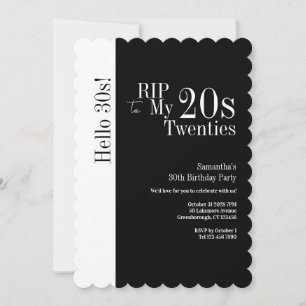 Invitación Cumpleaños 30 RIP 20s Hola 30s Fiesta Negro Blanco