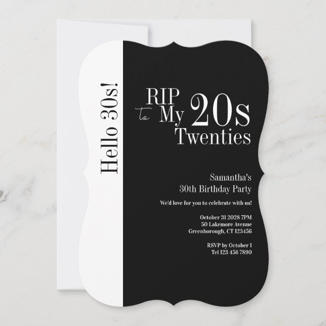 Invitación Cumpleaños 30 RIP 20s Hola 30s Fiesta Negro Blanco (Anverso)