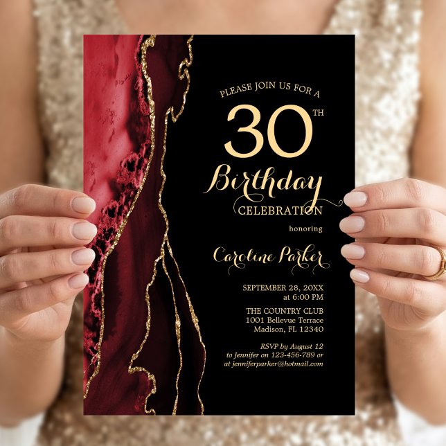 Invitación Cumpleaños 30 Rojo Ágata Oro Negro (Subido por el creador)