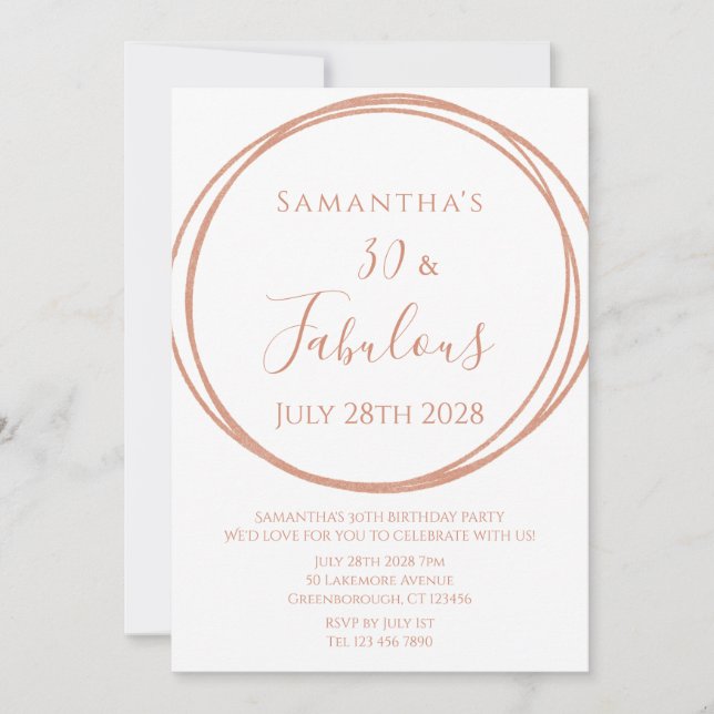 Invitación Cumpleaños 30 Rosa Dorado Cumpleaños Minimalista (Anverso)