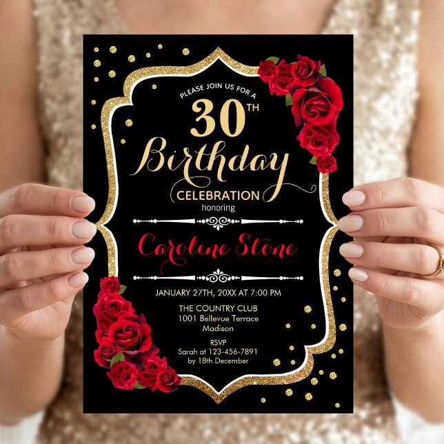 Invitación Cumpleaños 30 - Rosas Negras Doradas Rojas (Subido por el creador)