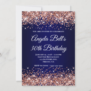 Invitación Cumpleaños 30 Rose Gold Glitter Navy Blue Ombre