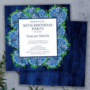 Invitación Cumpleaños 30 Rústico Madera Hortensias Azules Fie