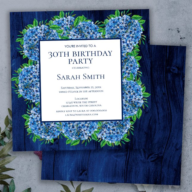 Invitación Cumpleaños 30 Rústico Madera Hortensias Azules Fie (Subido por el creador)