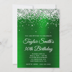 Invitación Cumpleaños 30 Silver Glitter Green Glam