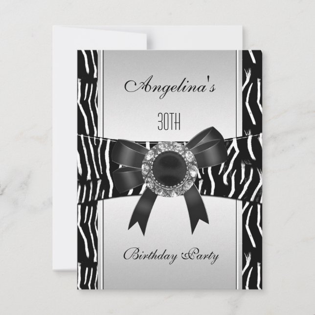Invitación Cumpleaños 30 Silver Zebra Blanco Negro Jewel 2 (Anverso)