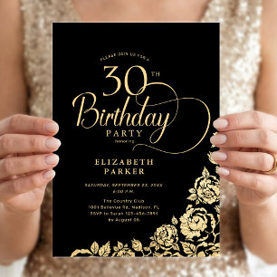 Invitación Cumpleaños 30 Simple Elegante Rosas Negras Doradas
