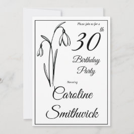 Invitación Cumpleaños 30 Snowdrop Floral Negro Y Blanco
