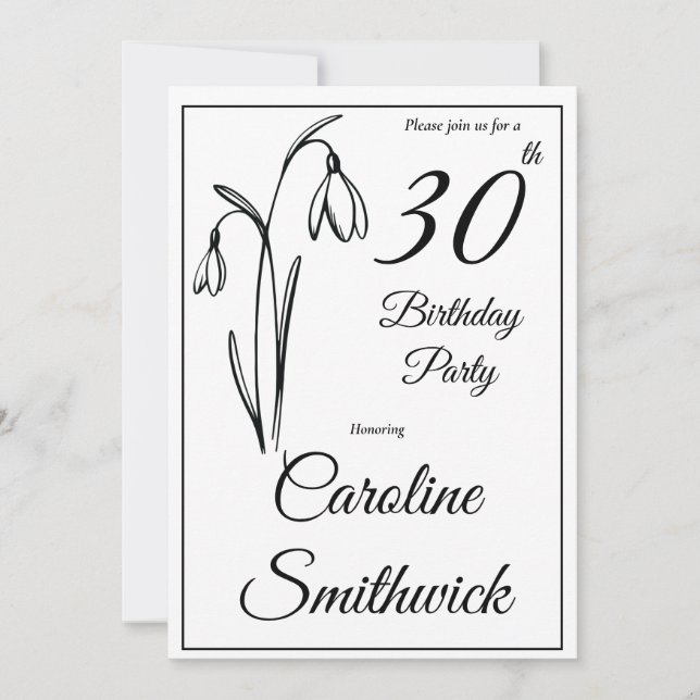 Invitación Cumpleaños 30 Snowdrop Floral Negro Y Blanco (Anverso)