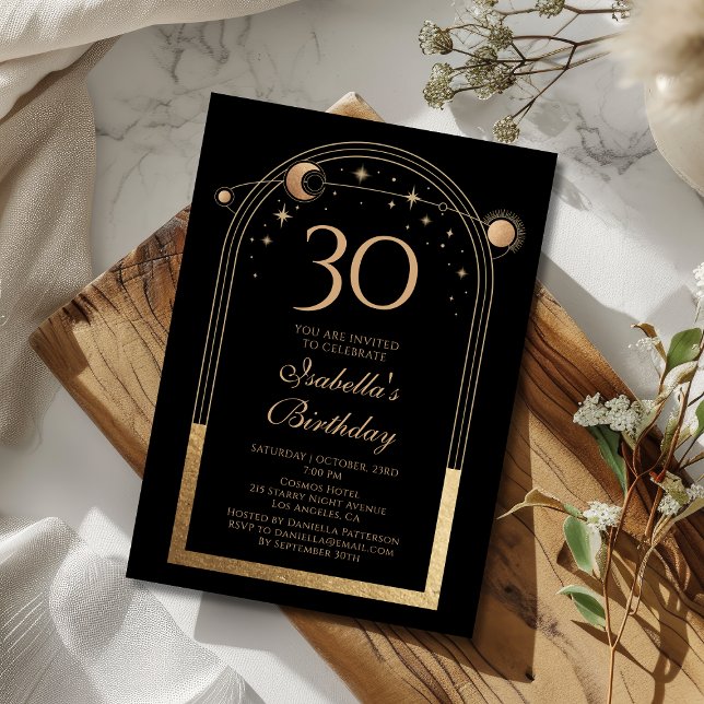 Invitación Cumpleaños 30 Sol Luna Estrellas Oro Negro Celesti (Subido por el creador)