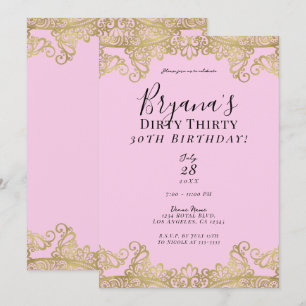 Invitación Cumpleaños 30 sucio de encaje rosa y dorado chic 3
