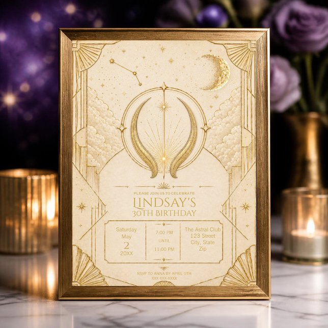 Invitación Cumpleaños 30 Tauro | Estrellas Elegant (Elegant Taurus 30th birthday invitation with celestial Art Deco design for astrology celebrations.)
