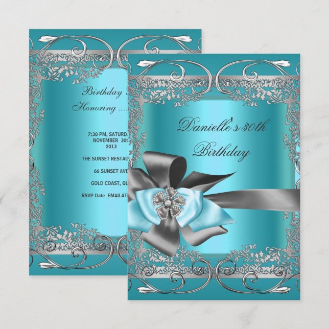 Invitación Cumpleaños 30 Teal Azul Gris Plateado (Anverso / Reverso)