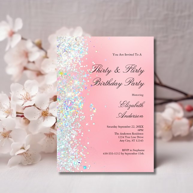 Invitación Cumpleaños 30 Treinta Divertido Brillo Rosa Rosado (Blush Pink and White Glitter 30th Thirty and Flirty Birthday Party invitation)