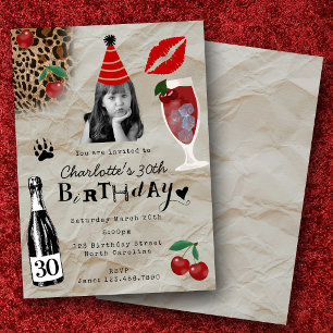 Invitación Cumpleaños 30 treinta personalizado foto cereza le