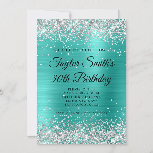 Invitación Cumpleaños 30 Turquesa Brillo Plateado Monograma (Anverso)