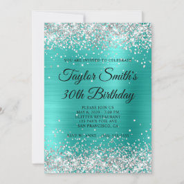 Invitación Cumpleaños 30 Turquesa Brillo Plateado Monograma