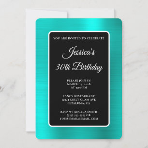 Invitación Cumpleaños 30 Turquesa con Hojuela Negro y Blanco
