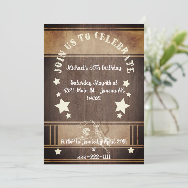 Invitación Cumpleaños 30 vaquero tema madera rústica (Anverso de pie)